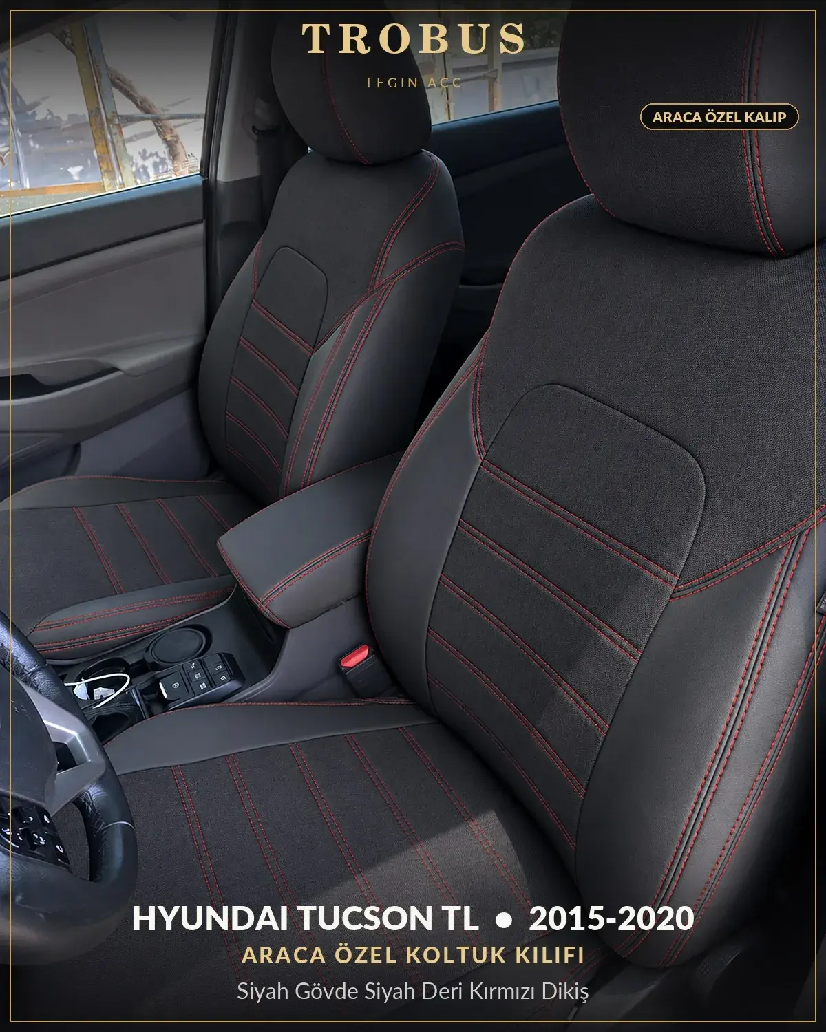 Hyundai Tucson TL 2015-2020 Araca Özel Koltuk Kılıfı Siyah Gövde Siyah Deri Kırmızı Dikiş (1)