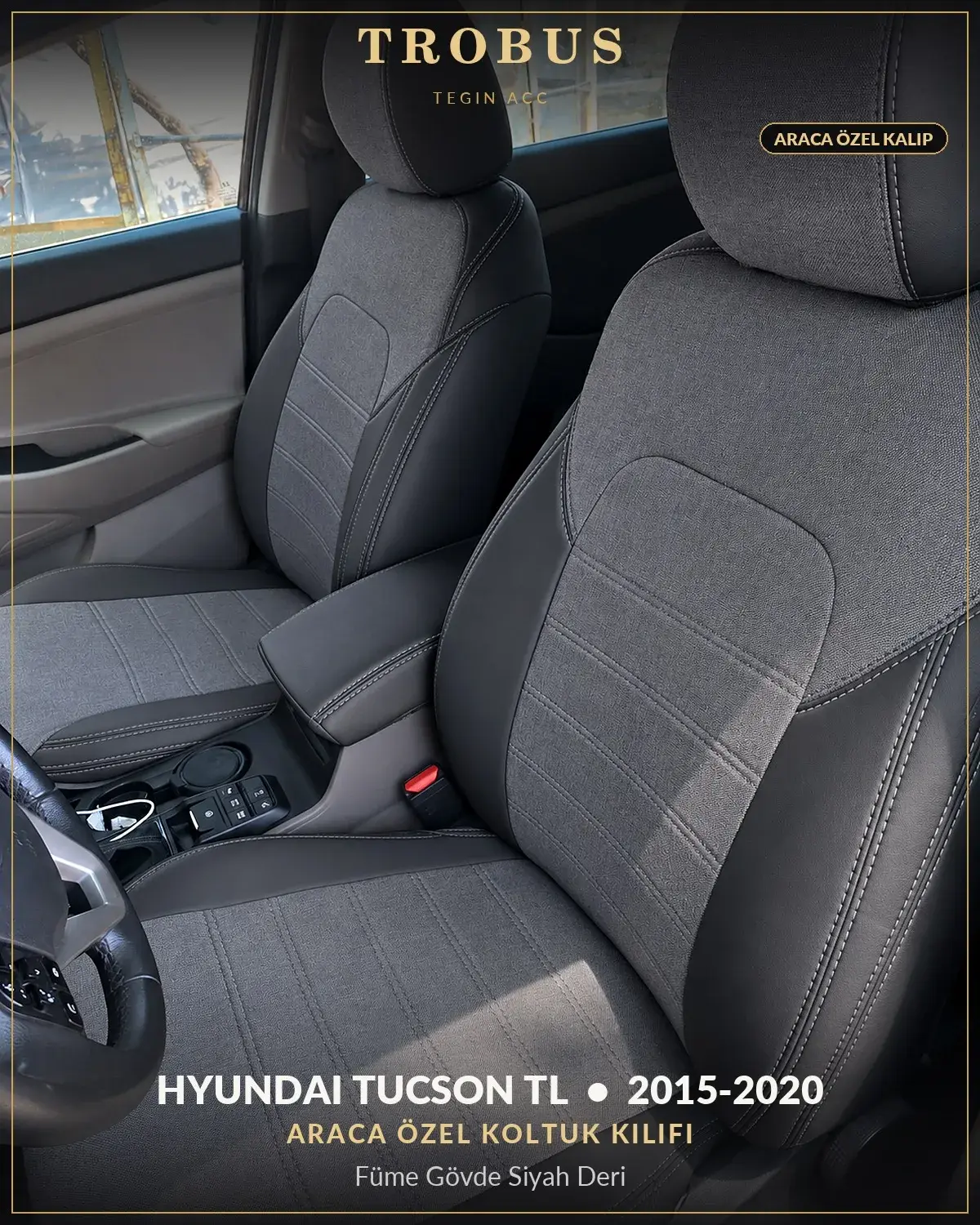 Hyundai Tucson TL 2015-2020 Araca Özel Koltuk Kılıfı Füme Gövde Siyah Deri (1)
