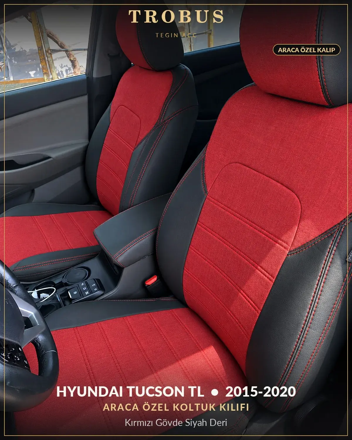 Hyundai Tucson TL 2015-2020 Araca Özel Koltuk Kılıfı Kırmızı Gövde Siyah Deri (1)