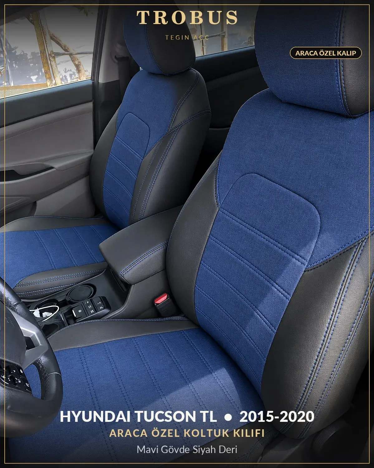 Hyundai Tucson TL 2015-2020 Araca Özel Koltuk Kılıfı Mavi Gövde Siyah Deri (1)