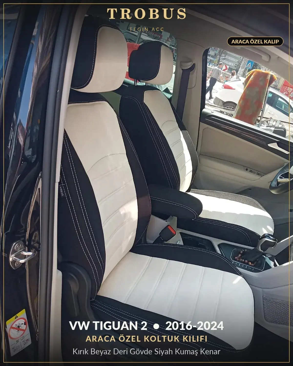 Volkswagen Tiguan 2 2016-2024 Araca Özel Koltuk Kılıfı Kırık Beyaz Deri Gövde Siyah Kumaş Kenar (1)