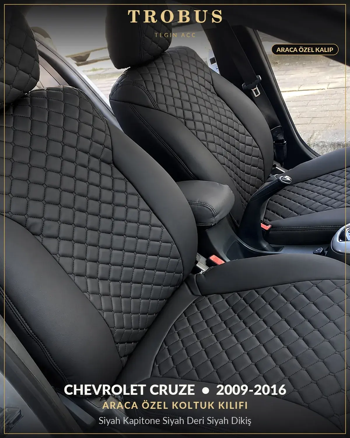 Chevrolet Cruze 2009-2016 Araca Özel Koltuk Kılıfı Siyah Kapitone Siyah Deri Siyah Dikiş (1)