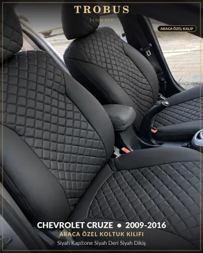 Chevrolet Cruze 2009-2016 Araca Özel Koltuk Kılıfı Siyah Kapitone Siyah Deri Siyah Dikiş