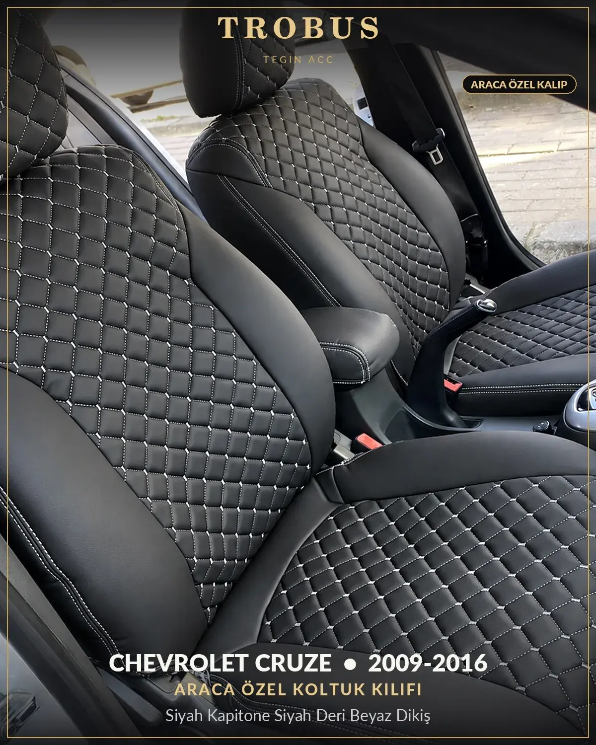 Chevrolet Cruze 2009-2016 Araca Özel Koltuk Kılıfı Siyah Kapitone Siyah Deri Beyaz Dikiş (1)