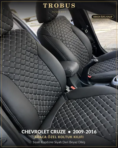 Chevrolet Cruze 2009-2016 Araca Özel Koltuk Kılıfı Siyah Kapitone Siyah Deri Beyaz Dikiş