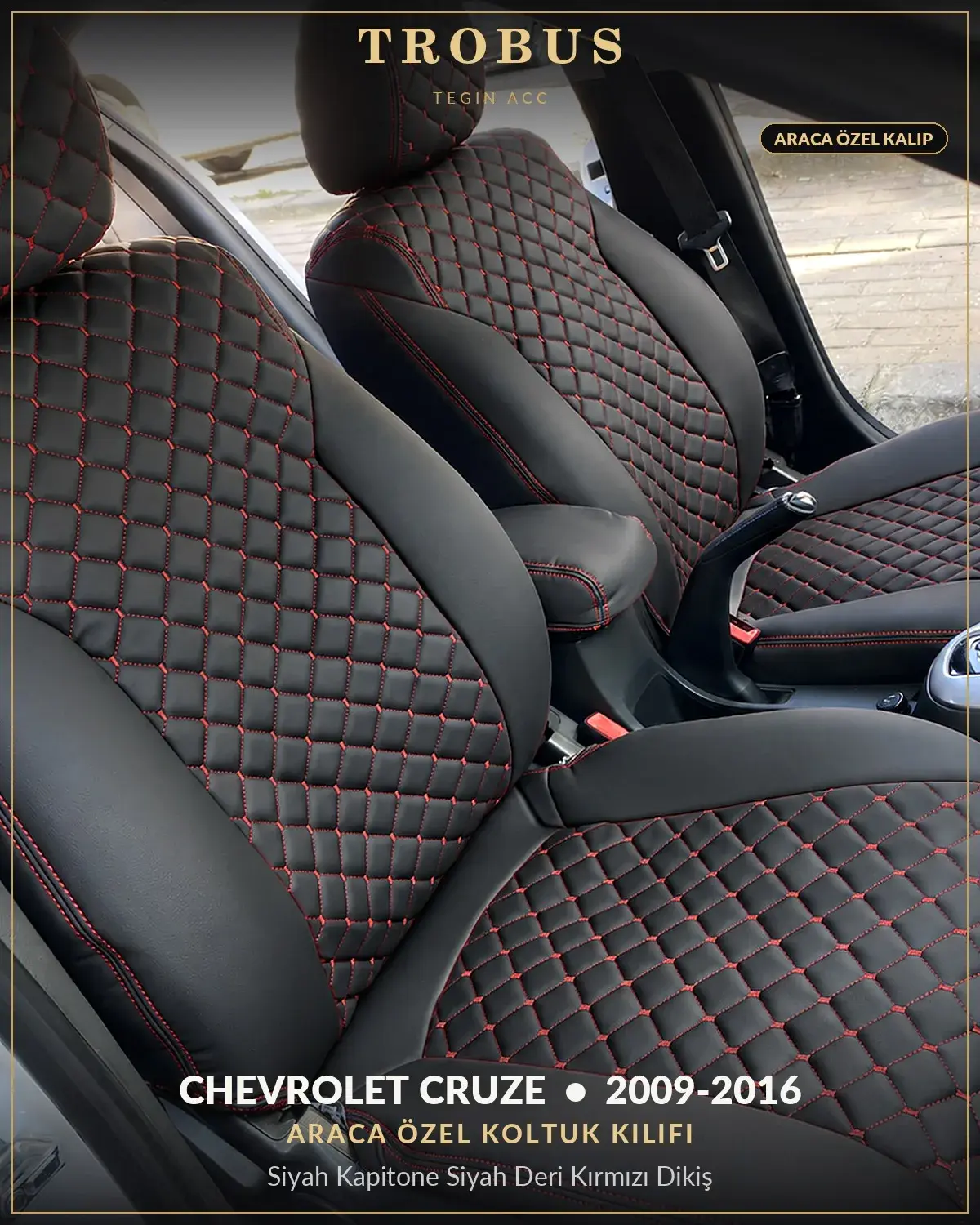Chevrolet Cruze 2009-2016 Araca Özel Koltuk Kılıfı Siyah Kapitone Siyah Deri Kırmızı Dikiş (1)
