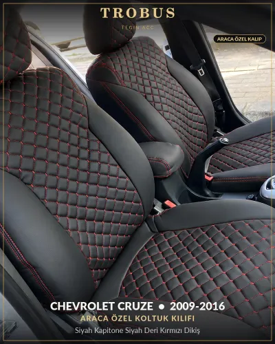 Chevrolet Cruze 2009-2016 Araca Özel Koltuk Kılıfı Siyah Kapitone Siyah Deri Kırmızı Dikiş