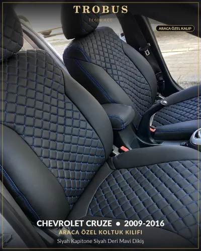 Chevrolet Cruze 2009-2016 Araca Özel Koltuk Kılıfı Siyah Kapitone Siyah Deri Mavi Dikiş