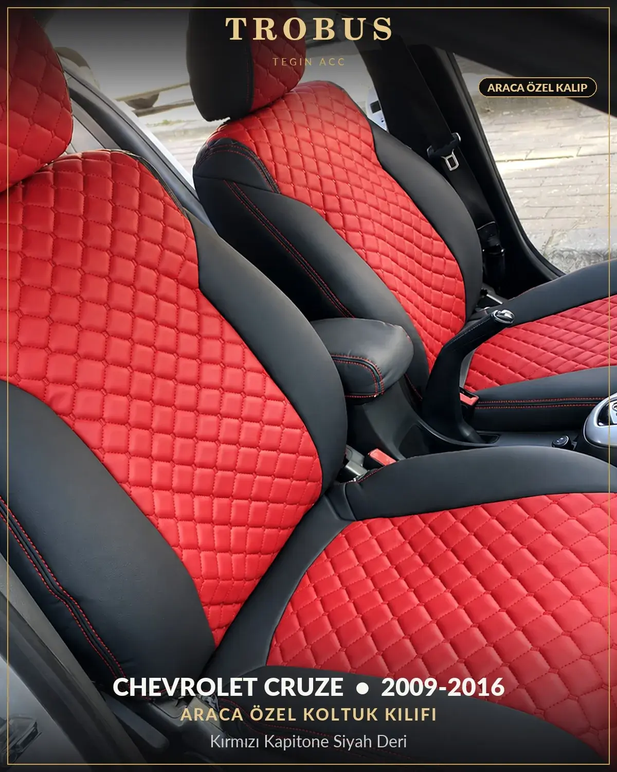 Chevrolet Cruze 2009-2016 Araca Özel Koltuk Kılıfı Kırmızı Kapitone Siyah Deri (1)