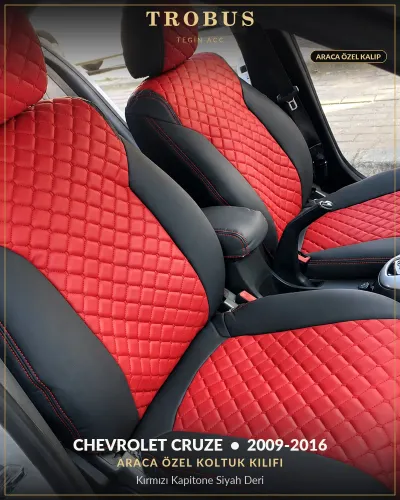 Chevrolet Cruze 2009-2016 Araca Özel Koltuk Kılıfı Kırmızı Kapitone Siyah Deri
