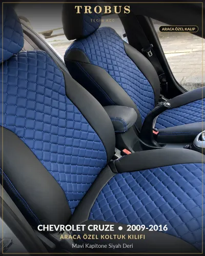 Chevrolet Cruze 2009-2016 Araca Özel Koltuk Kılıfı Mavi Kapitone Siyah Deri