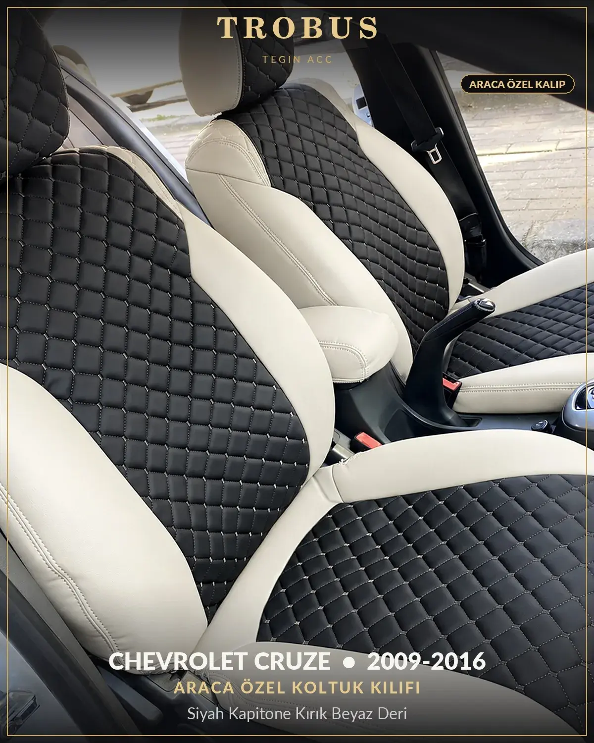 Chevrolet Cruze 2009-2016 Araca Özel Koltuk Kılıfı Siyah Kapitone Kırık Beyaz Deri (1)