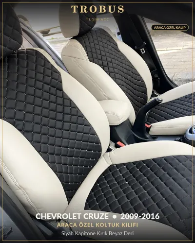 Chevrolet Cruze 2009-2016 Araca Özel Koltuk Kılıfı Siyah Kapitone Kırık Beyaz Deri