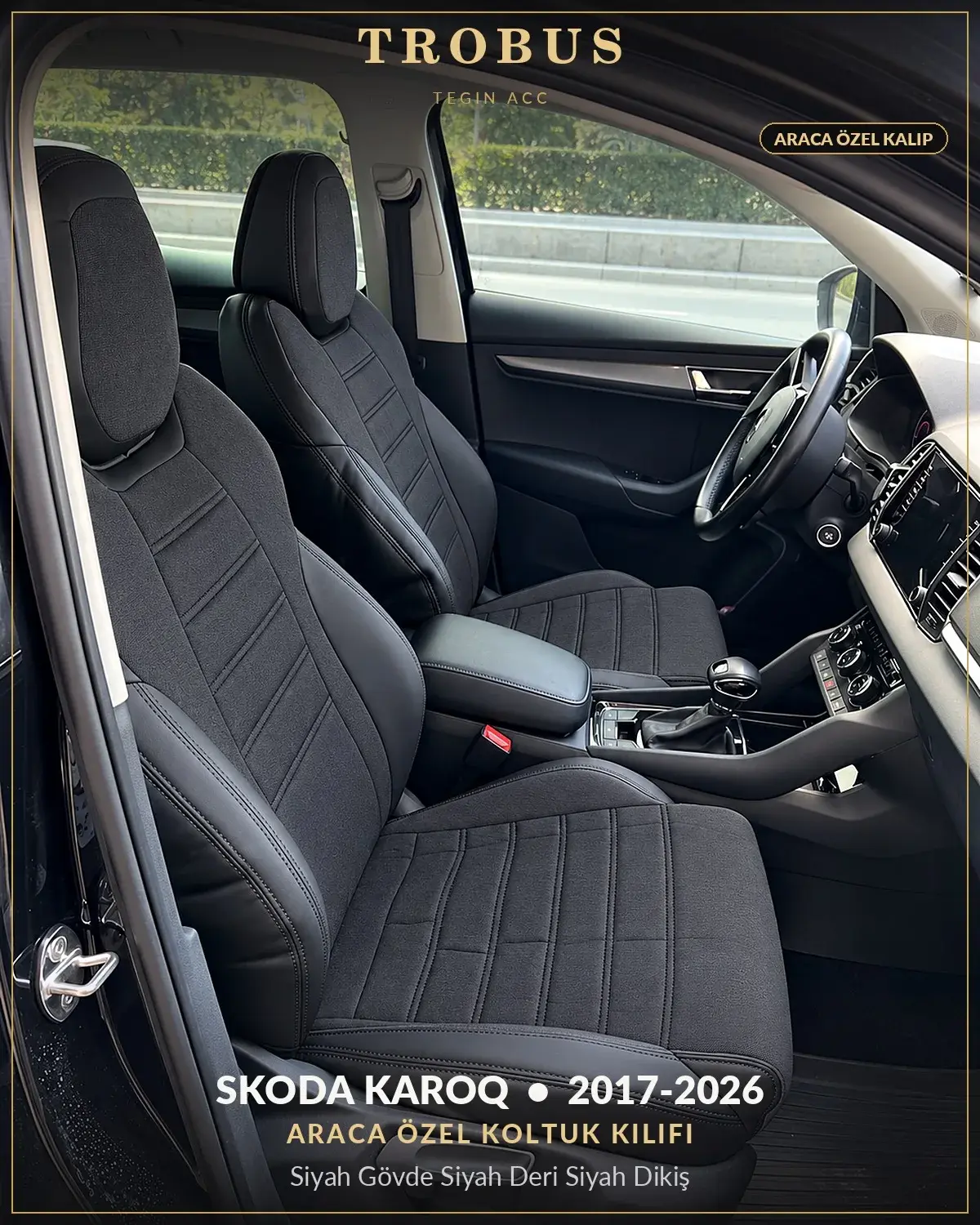 Skoda Karoq 2017-2026 Araca Özel Koltuk Kılıfı Siyah Gövde Siyah Deri Siyah Dikiş (1)