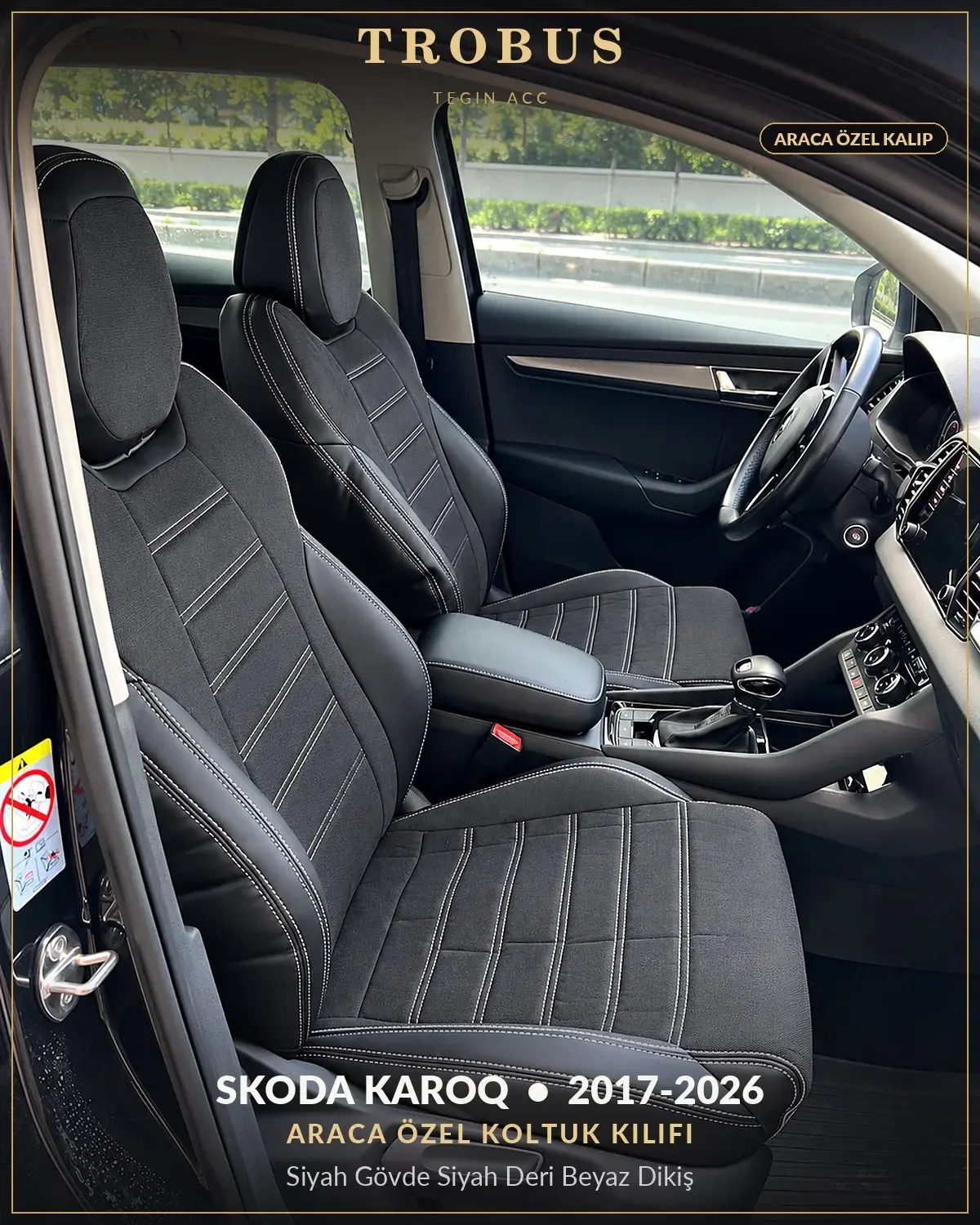 Skoda Karoq 2017-2026 Araca Özel Koltuk Kılıfı Siyah Gövde Siyah Deri Beyaz Dikiş (1)