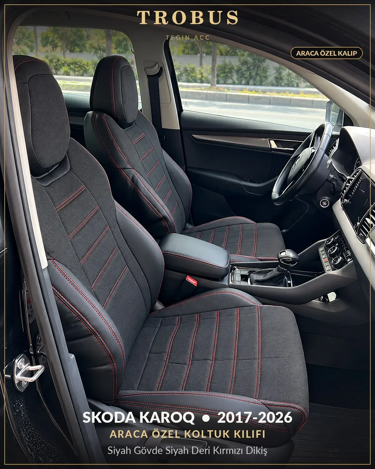 Skoda Karoq 2017-2026 Araca Özel Koltuk Kılıfı Siyah Gövde Siyah Deri Kırmızı Dikiş (1)