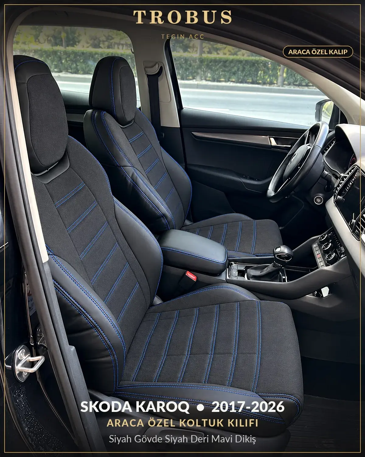 Skoda Karoq 2017-2026 Araca Özel Koltuk Kılıfı Siyah Gövde Siyah Deri Mavi Dikiş (1)