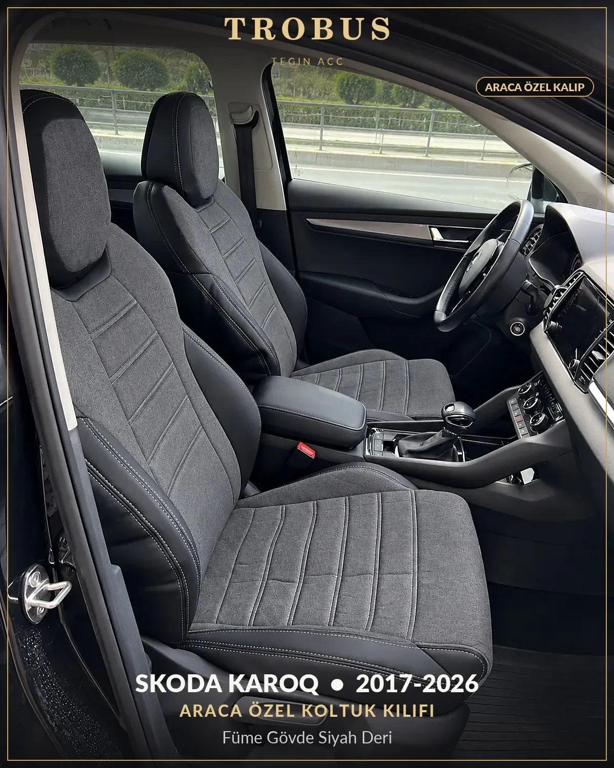 Skoda Karoq 2017-2026 Araca Özel Koltuk Kılıfı Füme Gövde Siyah Deri (1)