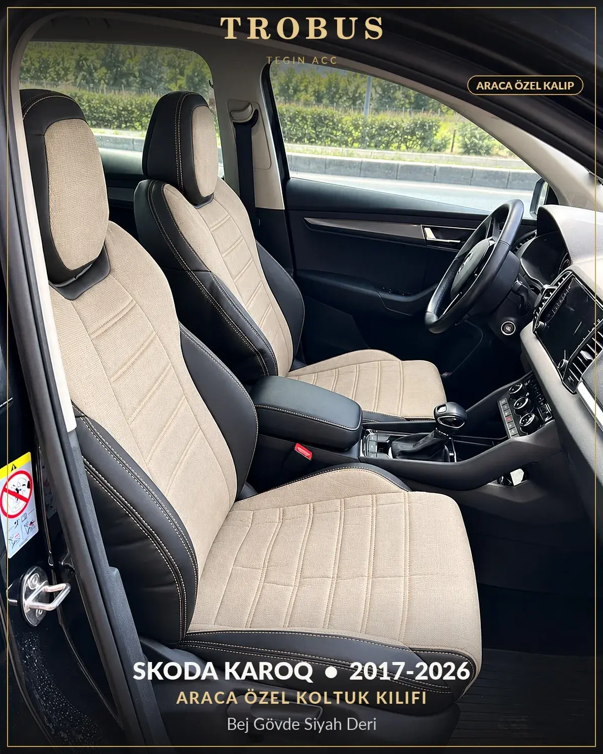 Skoda Karoq 2017-2026 Araca Özel Koltuk Kılıfı Bej Gövde Siyah Deri (1)