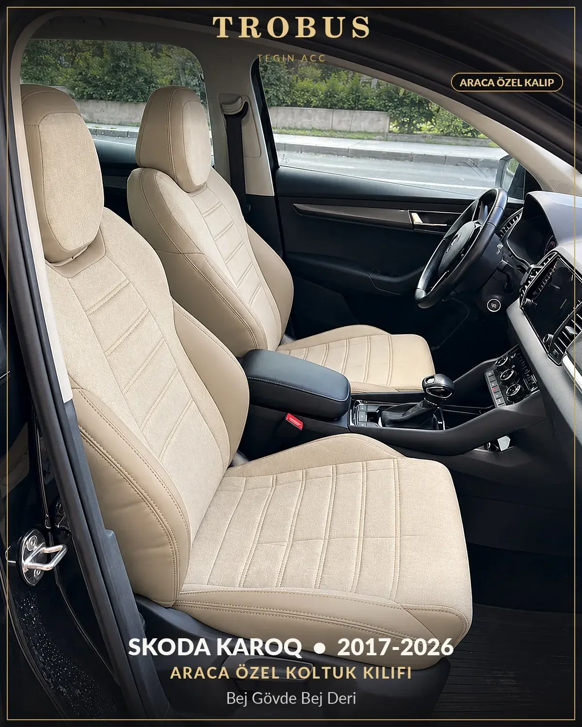 Skoda Karoq 2017-2026 Araca Özel Koltuk Kılıfı Bej Gövde Bej Deri (1)