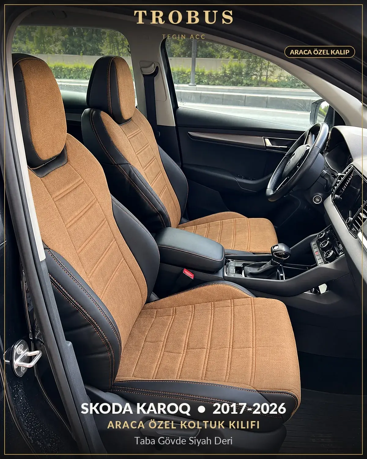 Skoda Karoq 2017-2026 Araca Özel Koltuk Kılıfı Taba Gövde Siyah Deri (1)