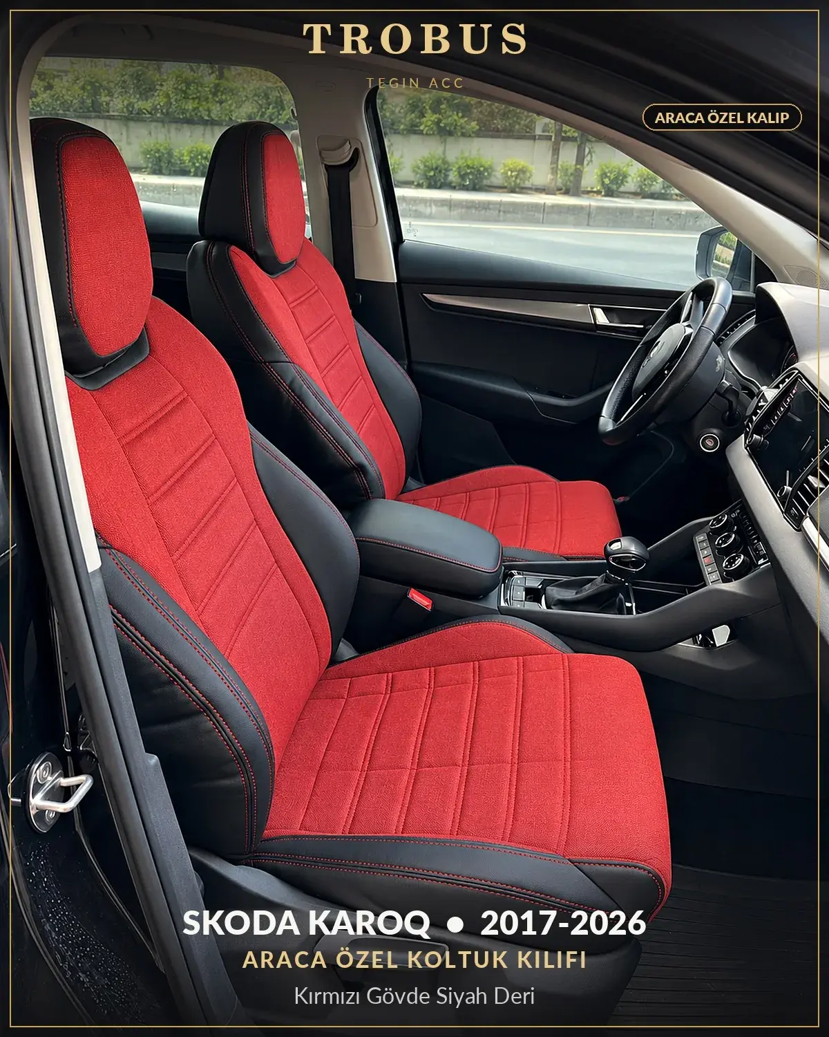 Skoda Karoq 2017-2026 Araca Özel Koltuk Kılıfı Kırmızı Gövde Siyah Deri (1)