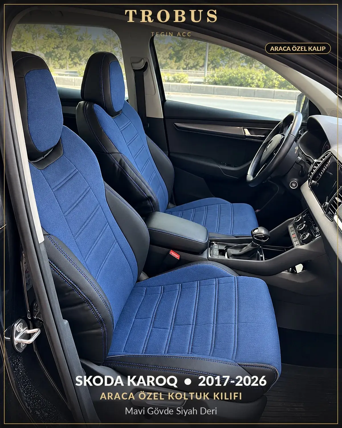 Skoda Karoq 2017-2026 Araca Özel Koltuk Kılıfı Mavi Gövde Siyah Deri (1)