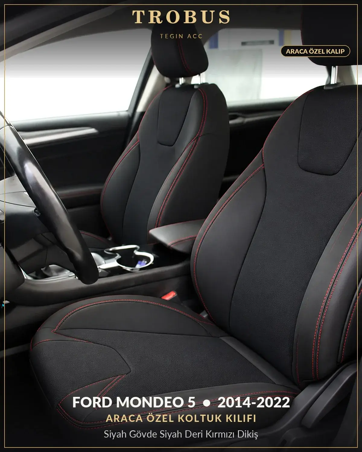 Ford Mondeo 5 2014-2022 Araca Özel Koltuk Kılıfı Siyah Gövde Siyah Deri Kırmızı Dikiş (1)