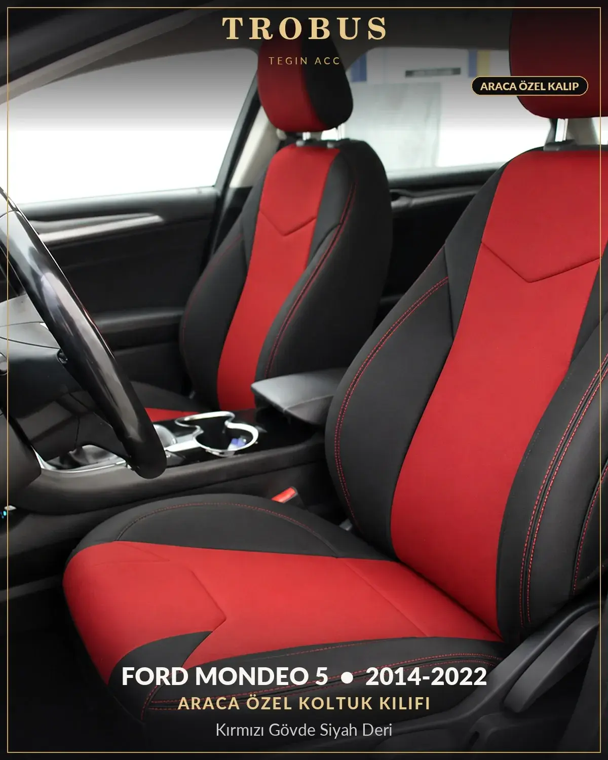 Ford Mondeo 5 2014-2022 Araca Özel Koltuk Kılıfı Kırmızı Gövde Siyah Deri (1)