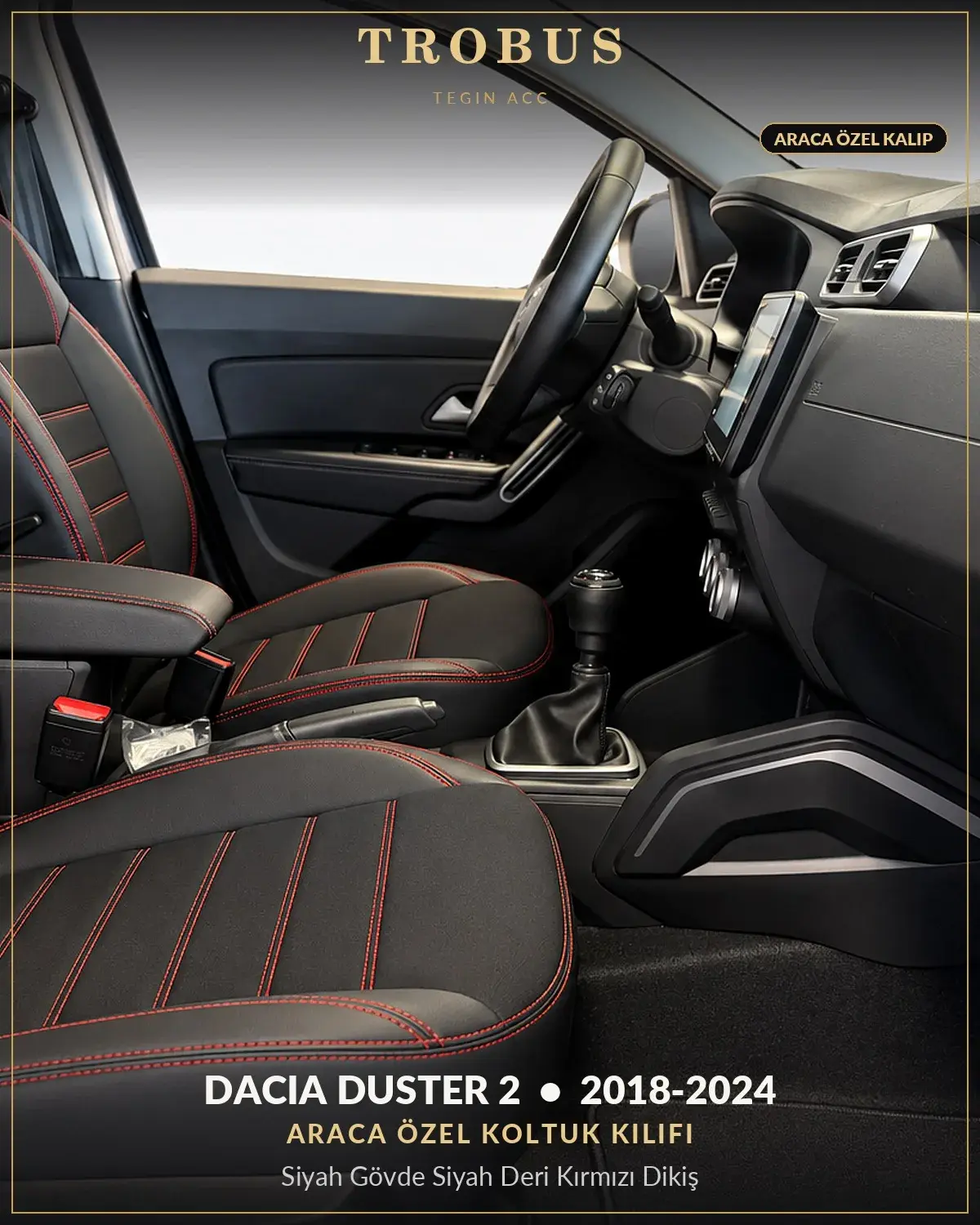 Dacia Duster 2 2018-2024 Araca Özel Koltuk Kılıfı Siyah Gövde Siyah Deri Kırmızı Dikiş (1)