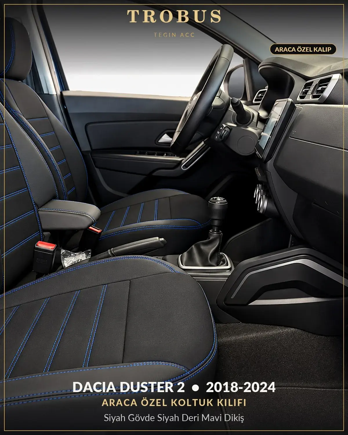 Dacia Duster 2 2018-2024 Araca Özel Koltuk Kılıfı Siyah Gövde Siyah Deri Mavi Dikiş (1)