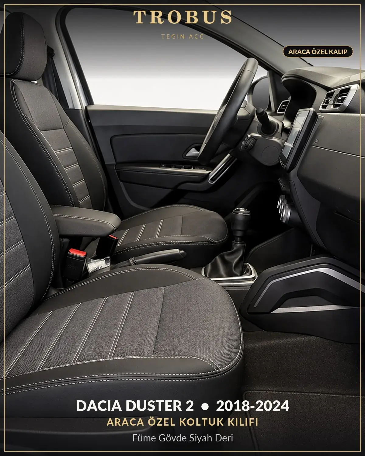 Dacia Duster 2 2018-2024 Araca Özel Koltuk Kılıfı Füme Gövde Siyah Deri (1)