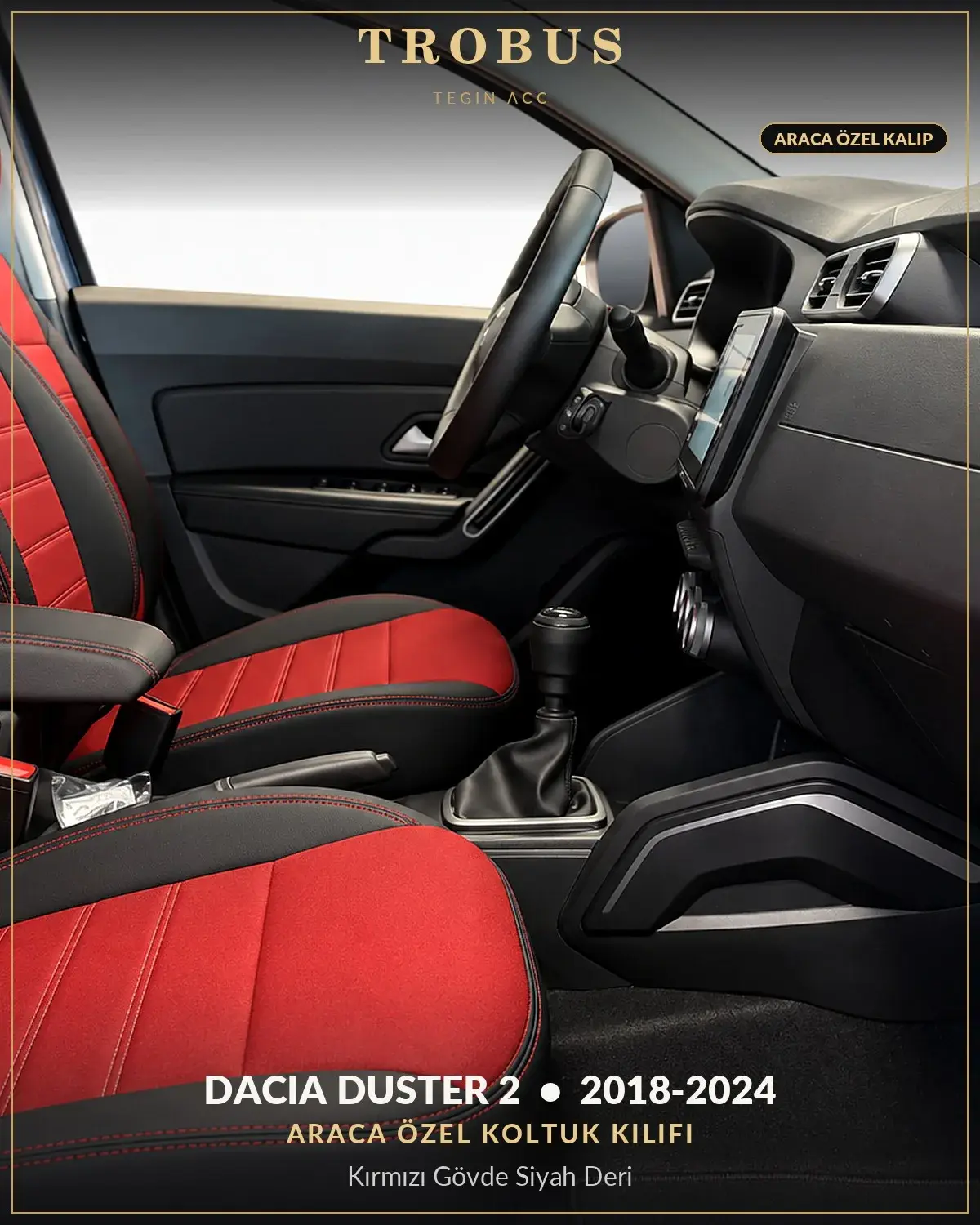 Dacia Duster 2 2018-2024 Araca Özel Koltuk Kılıfı Kırmızı Gövde Siyah Deri (1)