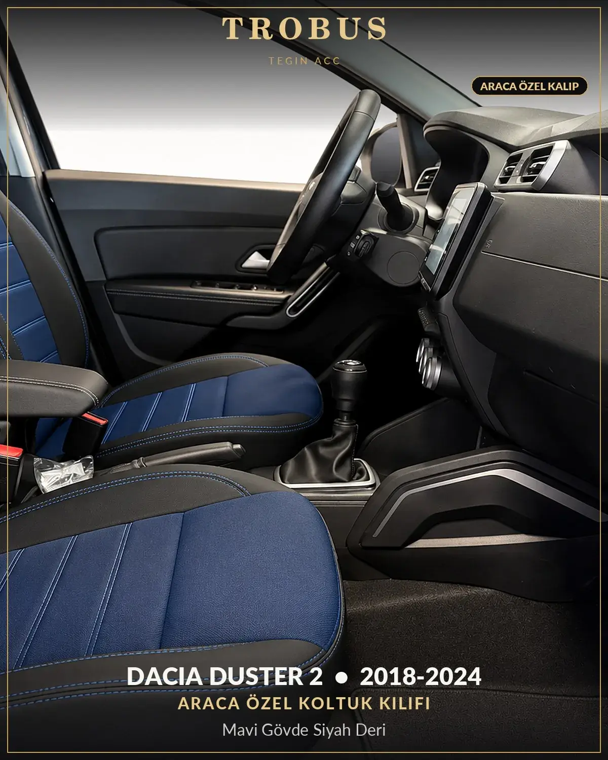 Dacia Duster 2 2018-2024 Araca Özel Koltuk Kılıfı Mavi Gövde Siyah Deri (1)