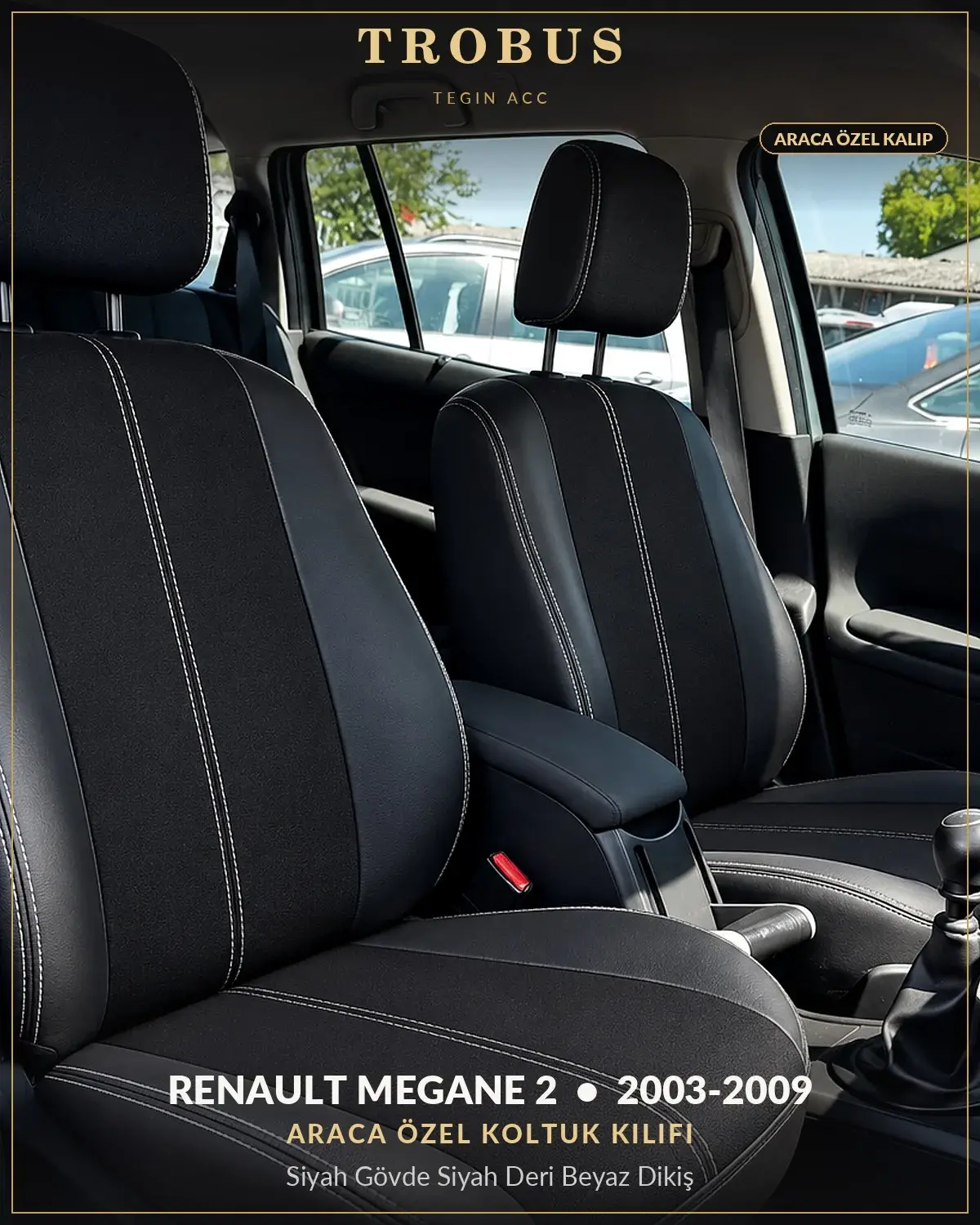 Renault Megane 2 2003-2009 Araca Özel Koltuk Kılıfı Siyah Gövde Siyah Deri Beyaz Dikiş (1)