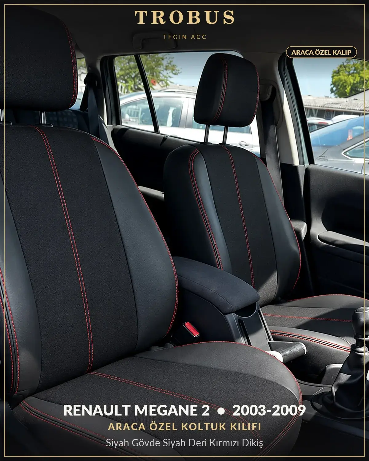 Renault Megane 2 2003-2009 Araca Özel Koltuk Kılıfı Siyah Gövde Siyah Deri Kırmızı Dikiş (1)