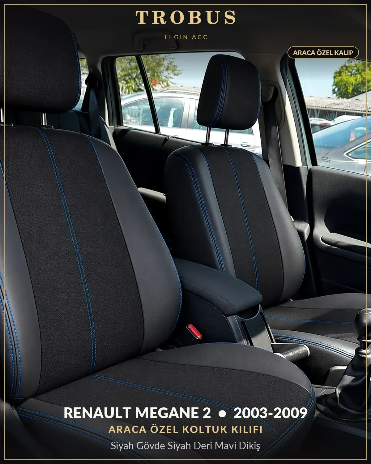 Renault Megane 2 2003-2009 Araca Özel Koltuk Kılıfı Siyah Gövde Siyah Deri Mavi Dikiş (1)
