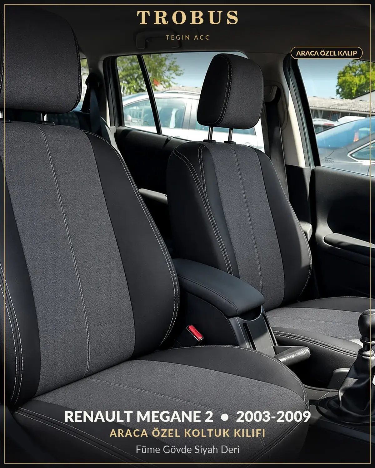 Renault Megane 2 2003-2009 Araca Özel Koltuk Kılıfı Füme Gövde Siyah Deri (1)