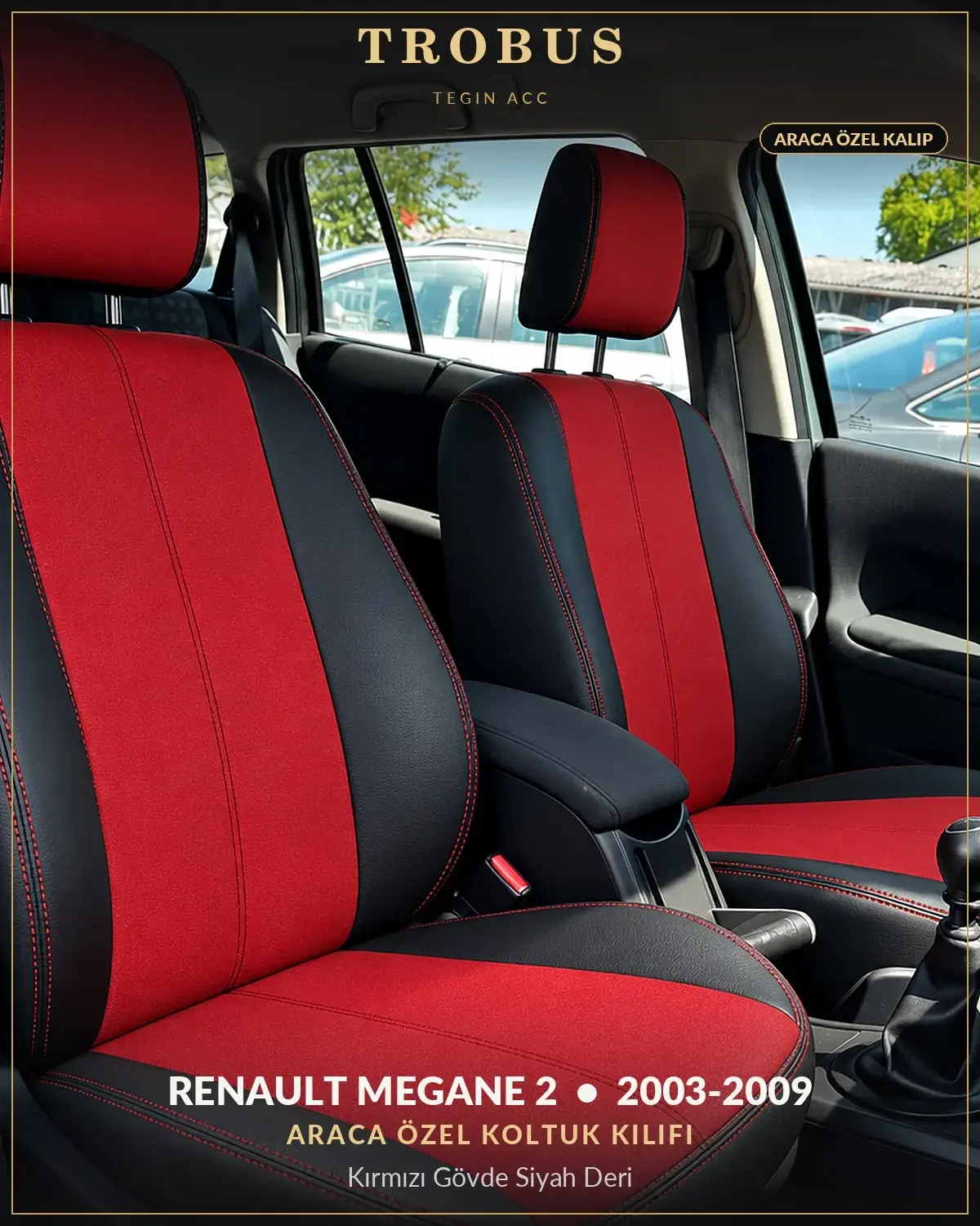 Renault Megane 2 2003-2009 Araca Özel Koltuk Kılıfı Kırmızı Gövde Siyah Deri (1)