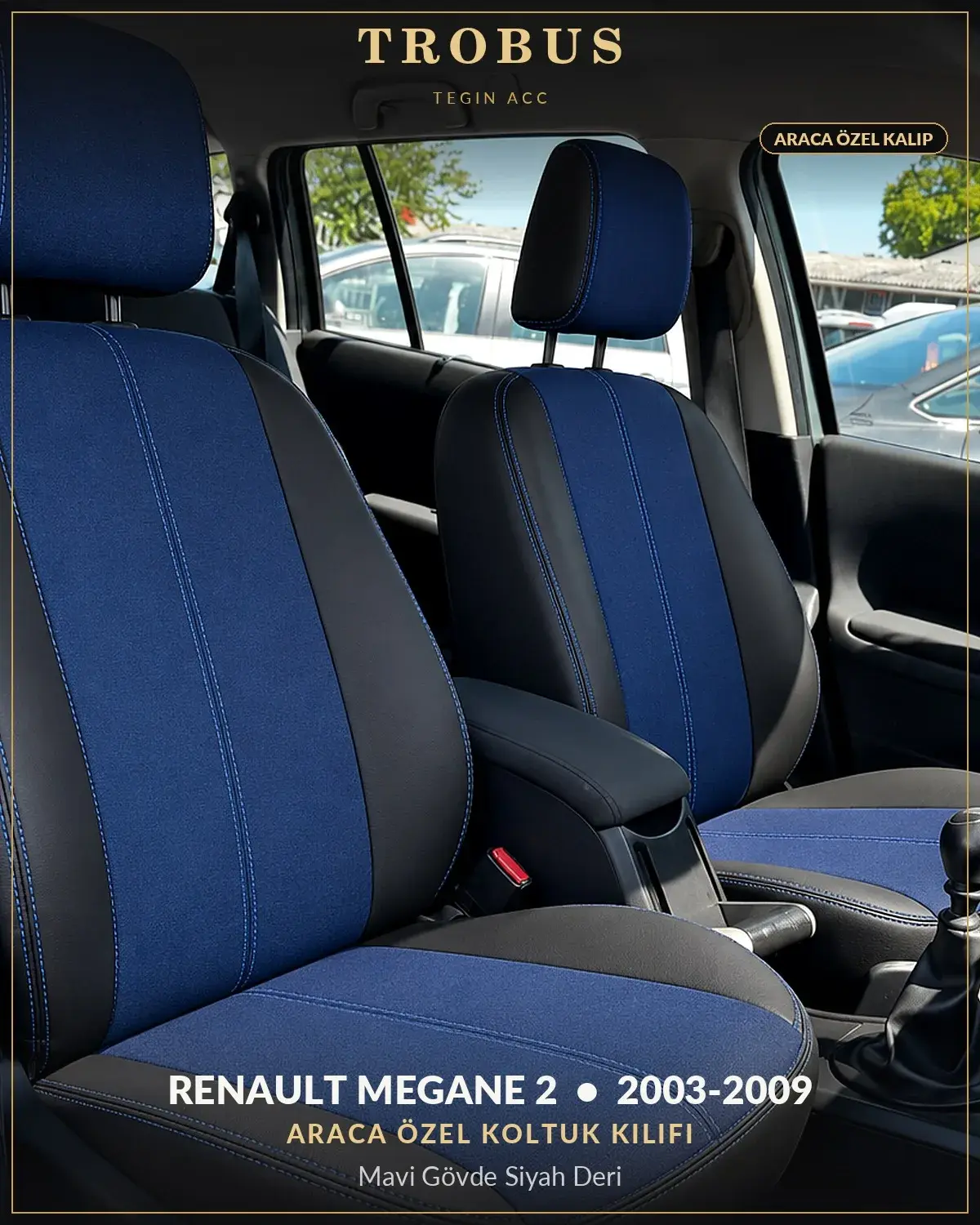 Renault Megane 2 2003-2009 Araca Özel Koltuk Kılıfı Mavi Gövde Siyah Deri (1)