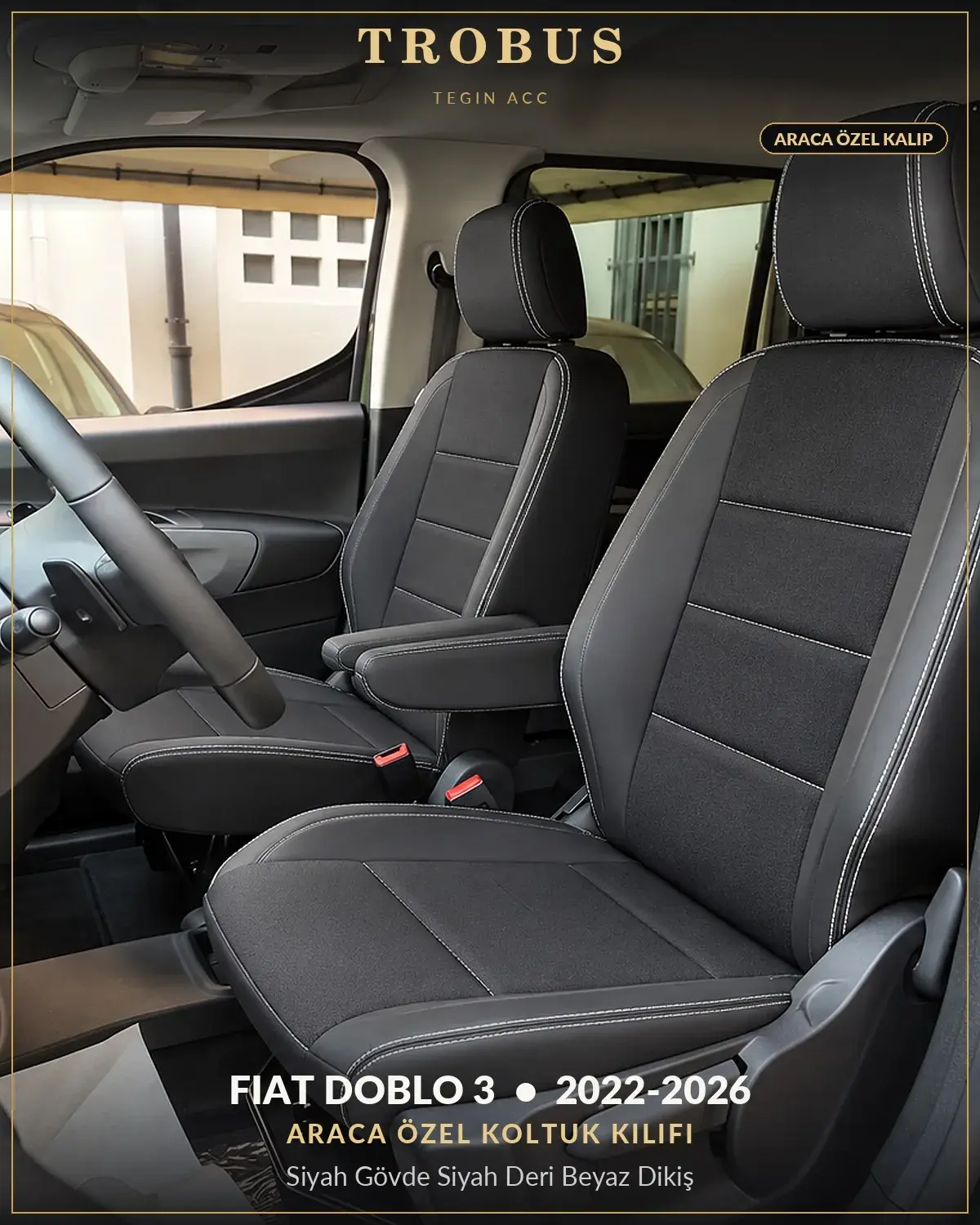 Fiat Doblo 3 2022-2026 Araca Özel Koltuk Kılıfı Siyah Gövde Siyah Deri Beyaz Dikiş (1)