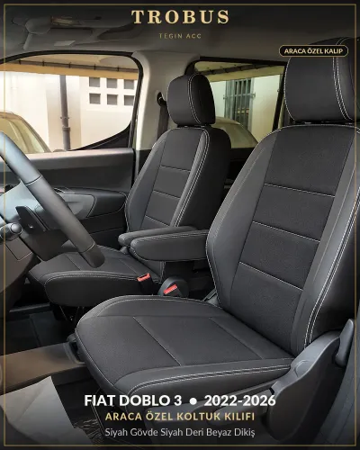Fiat Doblo 3 2022-2026 Araca Özel Koltuk Kılıfı Siyah Gövde Siyah Deri Beyaz Dikiş