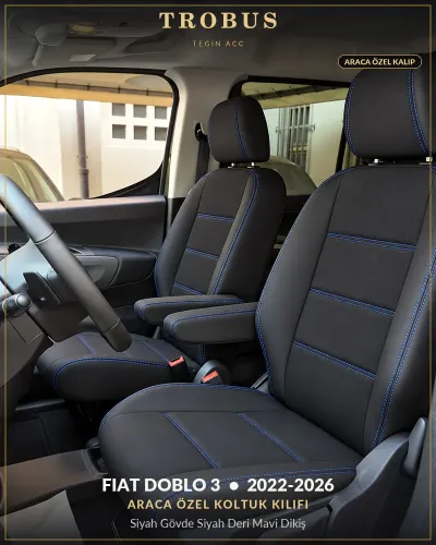 Fiat Doblo 3 2022-2026 Araca Özel Koltuk Kılıfı Siyah Gövde Siyah Deri Mavi Dikiş