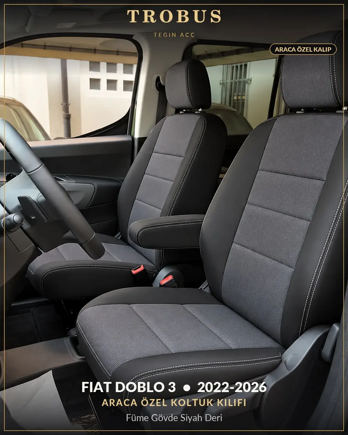 Fiat Doblo 3 2022-2026 Araca Özel Koltuk Kılıfı Füme Gövde Siyah Deri (1)