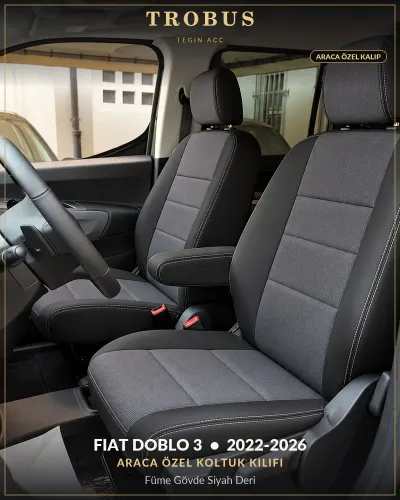 Fiat Doblo 3 2022-2026 Araca Özel Koltuk Kılıfı Füme Gövde Siyah Deri