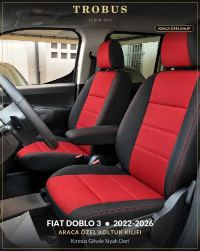 Fiat Doblo 3 2022-2026 Araca Özel Koltuk Kılıfı Kırmızı Gövde Siyah Deri