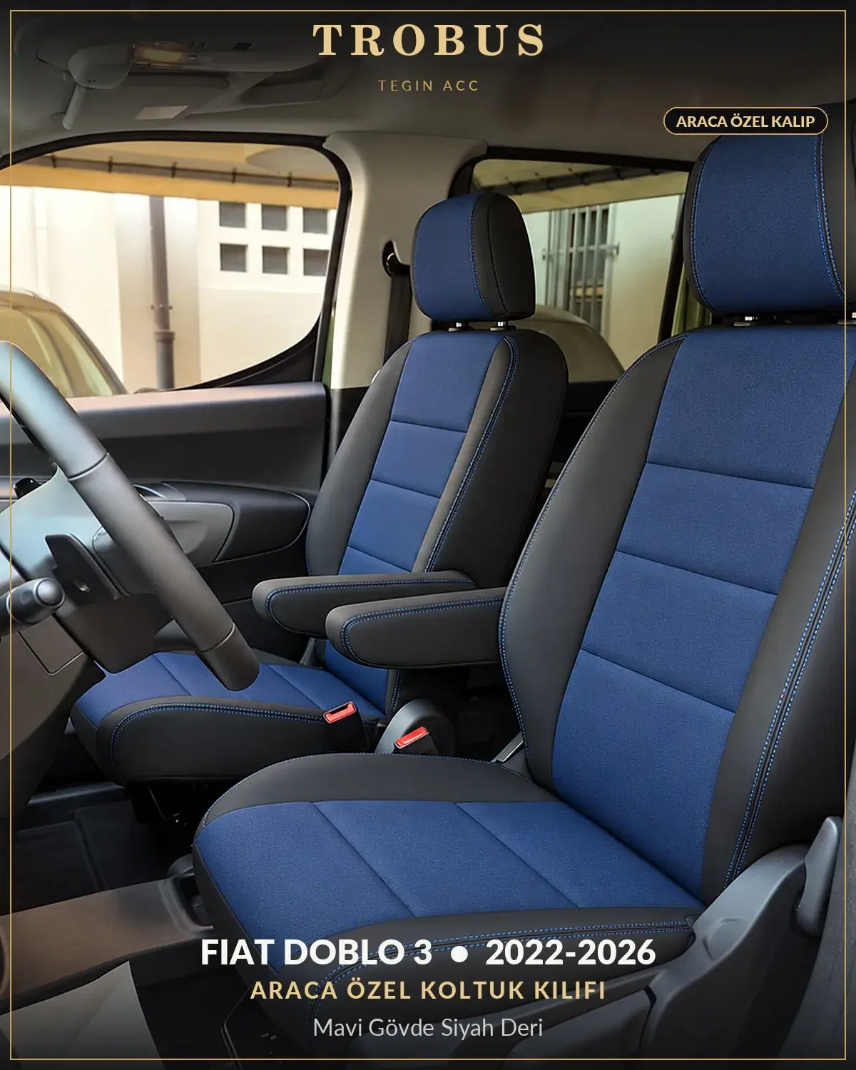 Fiat Doblo 3 2022-2026 Araca Özel Koltuk Kılıfı Mavi Gövde Siyah Deri (1)