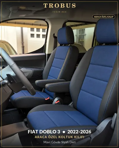 Fiat Doblo 3 2022-2026 Araca Özel Koltuk Kılıfı Mavi Gövde Siyah Deri