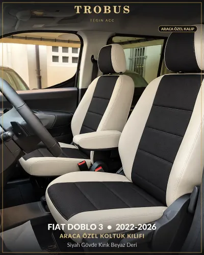 Fiat Doblo 3 2022-2026 Araca Özel Koltuk Kılıfı Siyah Gövde Kırık Beyaz Deri