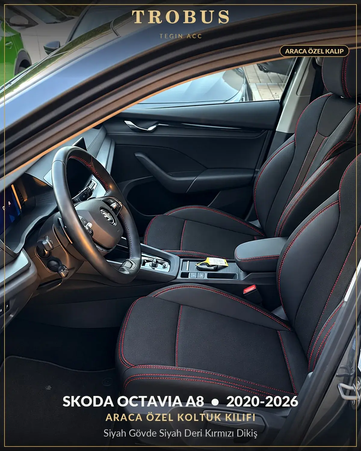 Skoda Octavia A8 2020-2026 Araca Özel Koltuk Kılıfı Siyah Gövde Siyah Deri Kırmızı Dikiş (1)